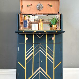 Art Deco Cocktail Cabinet – Petrol Blue with Gold and Copper Geometric Design