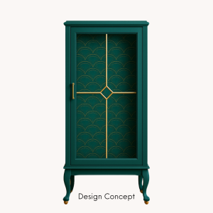 Design concept for bespoke slim Art Deco display cabinet with Deco Martini wallpaper and gold-painted feet